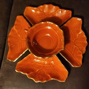 Vintage Orange Leaf Gold Trim Bowl & 4 Serving Plates USA California M700